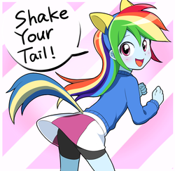 Size: 1670x1620 | Tagged: dead source, safe, artist:ryuu, rainbow dash, human, equestria girls, g4, my little pony equestria girls: rainbow rocks, shake your tail, adorkable, adventure in the comments, ass, bent over, blushing, butt, clothes, compression shorts, cute, dashabetes, dialogue, dork, fake tail, female, headband, jumper, looking at you, miniskirt, moe, open mouth, pink eyes, pony ears, rainbutt dash, rear view, ryuu is trying to murder us, school spirit, shorts, simple background, skirt, skirt lift, solo, speech bubble, stylized headband, sweet dreams fuel, tail, wondercolts