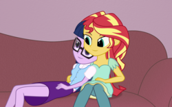 Size: 1200x750 | Tagged: safe, artist:bootsyslickmane, sci-twi, sunset shimmer, twilight sparkle, fanfic:the shadowbolts adventures, equestria girls, friendship games, g4, alternate clothes, alternate hairstyle, clothes, couch, cuddling, duo, duo female, fanfic, fanfic art, female, glasses, lesbian, ship:sci-twishimmer, ship:sunsetsparkle, shipping, snuggling