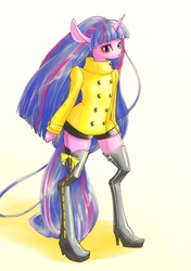 Size: 1024x1453 | Tagged: safe, artist:unousaya, twilight sparkle, semi-anthro, g4, arm hooves, boots, clothes, female, high heel boots, high heels, shoes, solo