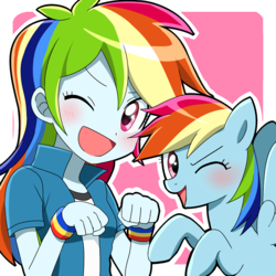 Size: 1000x1000 | Tagged: safe, artist:ryuu, rainbow dash, human, pegasus, pony, equestria girls, g4, blushing, clothes, cute, dashabetes, female, human ponidox, jacket, looking at you, mare, one eye closed, open mouth, simple background, wink, wristband