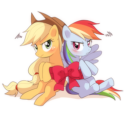 Size: 1600x1500 | Tagged: safe, artist:ryuu, applejack, rainbow dash, earth pony, pegasus, pony, g4, annoyed, applejack's hat, blushing, bow, cowboy hat, cute, duo, female, forced shipping, hat, lesbian, looking at you, looking back, mare, ship:appledash, shipping, simple background, sitting, white background