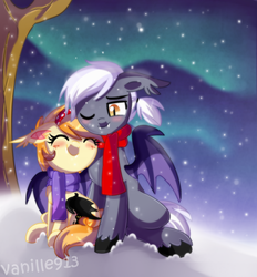 Size: 1600x1723 | Tagged: safe, artist:spookyle, oc, oc only, oc:prize bits, oc:pumpkin patch, bat pony, pony, clothes, duo, scarf, snow, snowfall