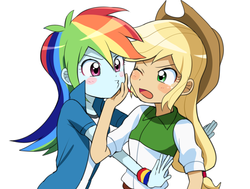 Size: 1750x1320 | Tagged: safe, artist:ryuu, applejack, rainbow dash, human, equestria girls, g4, applejack the anti-shipper, applelove, blushing, female, kissy face, lesbian, ship:appledash, shipping, shipping denied, simple background, white background