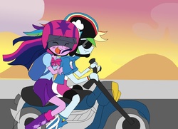 Size: 3543x2562 | Tagged: safe, artist:rainbowyoshi305, rainbow dash, twilight sparkle, equestria girls, g4, my little pony equestria girls: friendship games, my little pony equestria girls: rainbow rocks, boots, clothes, duo, gloves, helmet, high res, motorcross, motorcycle, riding in tandem, shoes