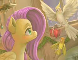 Size: 2480x1908 | Tagged: safe, artist:mrs1989, fluttershy, bird, cockatiel, g4, christmas, female, gift giving, lovebird, painting, present, solo