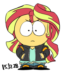 Size: 802x903 | Tagged: safe, artist:nekubi, sunset shimmer, equestria girls, g4, female, frown, looking at you, male, simple background, solo, south park, style emulation