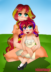 Size: 2507x3541 | Tagged: safe, artist:rainicornarts, artist:rainicornmagic, sunset shimmer, oc, oc:dawn, human, g4, duo, high res, humanized, humanized oc, magical lesbian spawn, mother and daughter, offspring, parent:sunset shimmer, parent:twilight sparkle, parents:sunsetsparkle