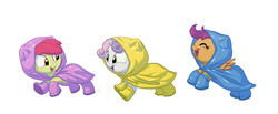 Size: 1579x650 | Tagged: safe, artist:carnifex, apple bloom, scootaloo, sweetie belle, earth pony, pony, g4, adorabloom, cute, cutealoo, cutie mark crusaders, diasweetes, female, filly, foal, galoshes, raincoat, simple background, trio