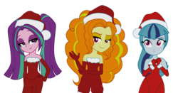 Size: 4000x2100 | Tagged: safe, artist:backgrounduser, adagio dazzle, aria blaze, sonata dusk, equestria girls, g4, bare shoulders, christmas, clothes, santa costume, sleeveless, strapless, the dazzlings