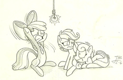 Size: 1108x728 | Tagged: safe, artist:trace-101, apple bloom, scootaloo, sweetie belle, g4, cutie mark crusaders, lightbulb, monochrome, scared, traditional art