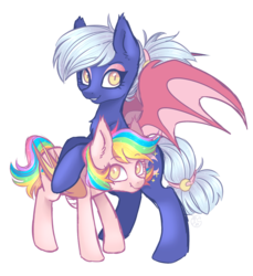 Size: 1280x1396 | Tagged: safe, artist:hawthornss, oc, oc only, oc:moon sugar, oc:paper stars, bat pony, pony, amputee, bandage, cute, eyeshadow, fangs, grin, leaning, looking at you, makeup, simple background, sisters, smiling, spread wings, transparent background