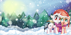 Size: 4078x2039 | Tagged: safe, artist:avui, artist:magical7, oc, oc only, oc:magical seven, oc:vanilla twirl, christmas, clothes, hat, holiday, scarf, snow, snowfall