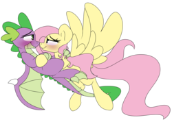 Size: 1024x729 | Tagged: dead source, safe, artist:korgikardigan, fluttershy, spike, dragon, pegasus, pony, g4, blushing, duo, embrace, female, hug, looking at each other, male, older, older spike, ship:flutterspike, shipping, simple background, smiling, spread wings, straight, transparent background, winged spike, wings