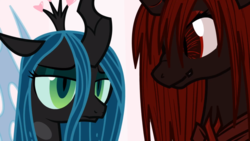 Size: 1365x768 | Tagged: safe, artist:mixermike622, queen chrysalis, oc, oc:marksaline, tumblr:ask fluffle puff, g4, unamused
