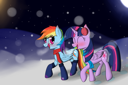 Size: 4911x3255 | Tagged: safe, artist:zogzor, rainbow dash, twilight sparkle, alicorn, pony, g4, clothes, earmuffs, female, hat, high res, mare, moon, night, scarf, snow, snowfall, socks, twilight sparkle (alicorn), winter