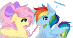 Size: 2593x1358 | Tagged: safe, artist:silentglow11, fluttershy, rainbow dash, g4, alternate hairstyle, female, grin, lesbian, ponytail, ship:flutterdash, shipping, simple background, transparent background