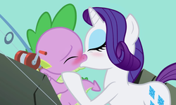 Size: 1920x1152 | Tagged: safe, artist:dubstepina, edit, edited screencap, screencap, rarity, spike, dragon, pony, unicorn, a dog and pony show, g4, blushing, duo, female, fishing rod, kiss on the lips, kissing, male, mare, ship:sparity, shipping, straight
