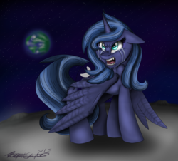 Size: 3434x3108 | Tagged: safe, artist:doodlehorse, princess luna, alicorn, pony, g4, angry, crying, ears back, female, high res, moon, open mouth, planet, s1 luna, solo, spread wings