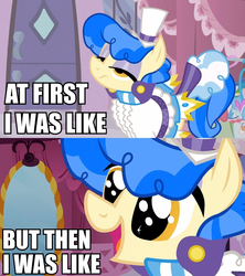 Size: 853x960 | Tagged: safe, edit, edited screencap, screencap, sapphire shores, earth pony, pony, a dog and pony show, g4, artifact, at first i was like but then i was like, caption, comic, cute, female, image macro, impact font, mare, meme, sapphire sweetness, screencap comic, solo, sparkly eyes, wingding eyes