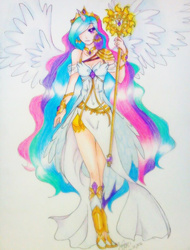 Size: 720x945 | Tagged: safe, artist:princess-deidara, princess celestia, human, g4, female, horn, horned humanization, humanized, scepter, solo, traditional art, winged humanization