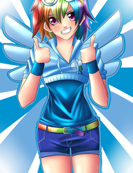 Size: 2550x3300 | Tagged: safe, artist:quila111, rainbow dash, human, g4, belt, clothes, denim, female, grin, high res, humanized, shorts, solo, thumbs up, winged humanization