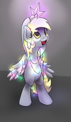 Size: 1403x2381 | Tagged: safe, artist:klemm, derpy hooves, semi-anthro, g4, christmas, christmas lights, christmas tree, female, hilarious in hindsight, simple background, solo, tree