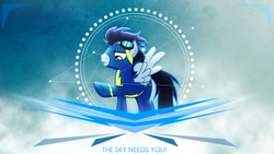 Size: 1920x1080 | Tagged: safe, artist:antylavx, artist:maulidiza, soarin', pegasus, pony, g4, clothes, male, solo, stallion, uniform, wallpaper, wonderbolts uniform