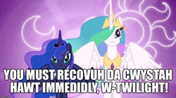 Size: 888x499 | Tagged: safe, princess celestia, princess luna, g4, dr. light, elmer fudd, engrish, image macro, mega man (series), meme, uwu