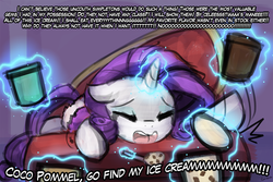 Size: 1125x750 | Tagged: safe, artist:lumineko, rarity, pony, unicorn, g4, 30 minute art challenge, comfort eating, couch, crying, cute, dialogue, drama queen, eyes closed, female, food, glowing horn, horn, ice cream, implied coco pommel, implied marshmallow coco, magic, makeup, mare, marshmelodrama, offscreen character, open mouth, raribetes, running makeup, solo, telekinesis, whining