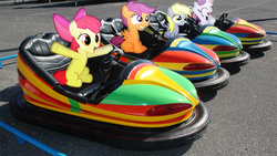 Size: 1920x1080 | Tagged: safe, artist:mr-kennedy92, apple bloom, derpy hooves, scootaloo, sweetie belle, pegasus, pony, g4, bumper cars, cutie mark crusaders, female, irl, mare, photo, ponies in real life, vector