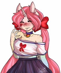 Size: 1728x2048 | Tagged: safe, artist:yukomaussi, oc, oc only, oc:atrie, unicorn, anthro, clothes, eyes closed, freckles, necklace, skirt, smiling, solo