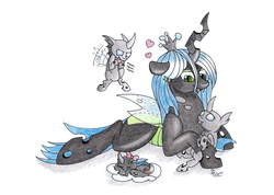 Size: 2244x1601 | Tagged: safe, artist:spirit-dude, queen chrysalis, changeling, changeling queen, nymph, g4, changeling feeding, cute, cutealis, cuteling, dialogue, female, hair bow, happy, heart, mommy chrissy, nom, onomatopoeia, simple background, smiling, traditional art, white background