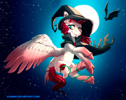Size: 1250x996 | Tagged: safe, artist:ka-samy, oc, oc only, oc:rose diamond, bat, :p, cape, clothes, ear piercing, flying, full moon, gem, hat, looking back, moon, night, night sky, one eye closed, piercing, solo, spread wings, stars, tongue out, underhoof, wink, witch, witch hat