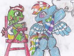 Size: 3109x2357 | Tagged: safe, artist:cuddlelamb, rainbow dash, oc, oc:northern haste, g4, butt, chair, diaper, foal, high res, highchair, jet, messy eating, northash, plot, traditional art