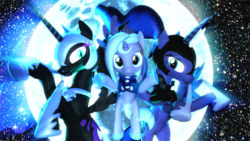 Size: 1920x1080 | Tagged: safe, artist:powdan, nightmare moon, princess luna, g4, 3d, filly, gmod, lunar trinity, moon, woona