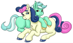 Size: 3308x1928 | Tagged: safe, artist:graffiti, bon bon, lyra heartstrings, sweetie drops, earth pony, pony, unicorn, g4, chest fluff, colored hooves, ear fluff, female, flockmod, lesbian, lidded eyes, looking at each other, missing cutie mark, prone, ship:lyrabon, shipping, simple background