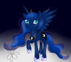 Size: 1024x896 | Tagged: safe, artist:bl00dyroses, princess luna, g4, female, raised hoof, solo, spread wings