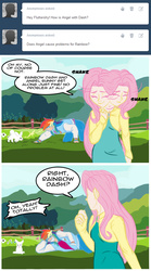 Size: 580x1044 | Tagged: safe, artist:askhumanrainbowshy, angel bunny, fluttershy, rainbow dash, human, g4, ask, comic, female, humanized, lesbian, ship:flutterdash, shipping, tumblr