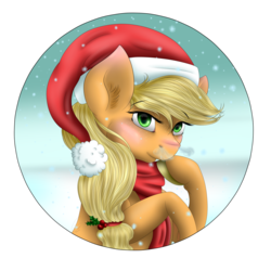 Size: 1024x1024 | Tagged: safe, artist:crazyaniknowit, applejack, g4, blushing, breath, clothes, female, holly, scarf, snow, snowfall, solo