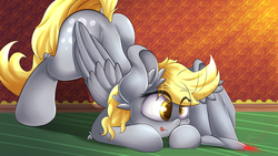 Size: 4000x2250 | Tagged: safe, artist:madacon, derpy hooves, pegasus, pony, g4, behaving like a cat, cute, derpabetes, face down ass up, female, laser pointer, mare, solo, tongue out, wing hands