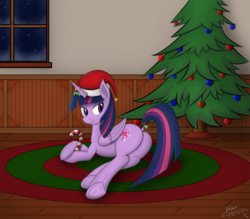 Size: 4800x4200 | Tagged: dead source, safe, artist:ask-bluehorizon, twilight sparkle, alicorn, pony, g4, absurd resolution, butt, candy, candy cane, christmas, christmas tree, dock, female, food, hat, holly, kiss my ass, looking back, lying down, mare, mistletoe, mistletoe abuse, plot, santa hat, solo, tree, twibutt, twilight sparkle (alicorn), underhoof