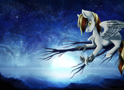 Size: 1024x745 | Tagged: safe, artist:silentwulv, oc, oc only, oc:silent flight, hippogriff, colored pupils, full moon, lake, male, mask, moon, night, night sky, reflection, sitting in a tree, sky, solo, starry night