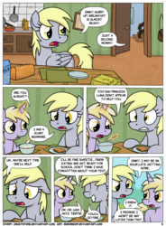 Size: 1400x1900 | Tagged: safe, artist:moemneop, derpy hooves, dinky hooves, pegasus, pony, comic:shifting changelings lies and truths, g4, breakfast, comic, female, mare