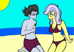 Size: 1024x723 | Tagged: safe, artist:ssvineman, jet set, upper crust, equestria girls, g4, my little pony equestria girls: friendship games, beach, cleavage, clothes, female, male, shipping, straight, summer, sunscreen, swimsuit, upperset