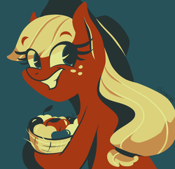 Size: 1095x1055 | Tagged: safe, artist:sigmanas, applejack, earth pony, pony, g4, apple, bucket, female, food, limited palette, poster, smiling, solo