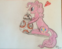 Size: 1024x818 | Tagged: safe, artist:ahsokafan100, pinkie pie, g4, astromech droid, bb-8, colored pencil drawing, crossover, cute, droid, floating heart, heart, signature, sketch, smiling, star wars, star wars: the force awakens, traditional art