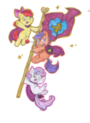 Size: 2550x3510 | Tagged: safe, artist:leyzy, apple bloom, scootaloo, sweetie belle, g4, cape, clothes, cutie mark crusaders, flag, high res