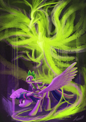 Size: 2480x3508 | Tagged: safe, artist:seer45, spike, twilight sparkle, alicorn, balefire phoenix, dragon, phoenix, pony, fallout equestria, g4, female, high res, mare, standing on back, twilight sparkle (alicorn)