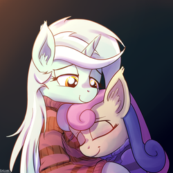 Size: 1200x1200 | Tagged: safe, artist:cheshiresdesires, bon bon, lyra heartstrings, sweetie drops, g4, clothes, ear fluff, eyes closed, female, gradient background, lesbian, lidded eyes, ship:lyrabon, shipping, smiling, sweater