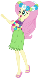 Size: 2000x4008 | Tagged: safe, artist:discorded, fluttershy, equestria girls, g4, shake your tail, clothes, feet, female, flip-flops, grass skirt, hawaiian flower in hair, hawaiian shirt, hula, hulashy, lei, sandals, simple background, skirt, solo, transparent background, vector